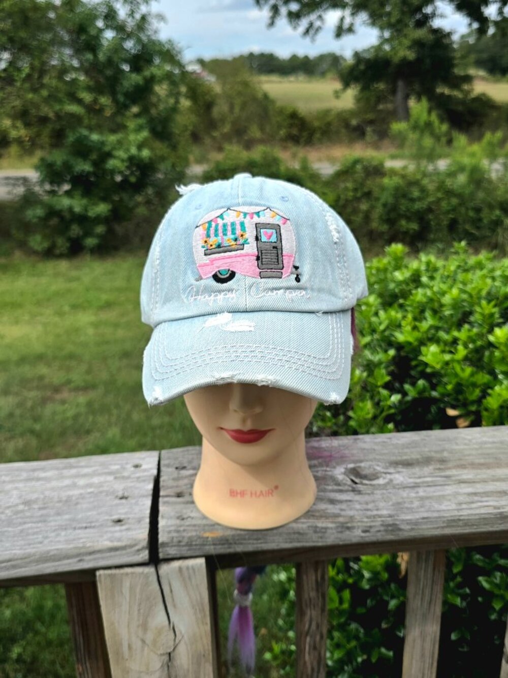 Ladies Lite Blue Denim Happy Camper Hat new no tags